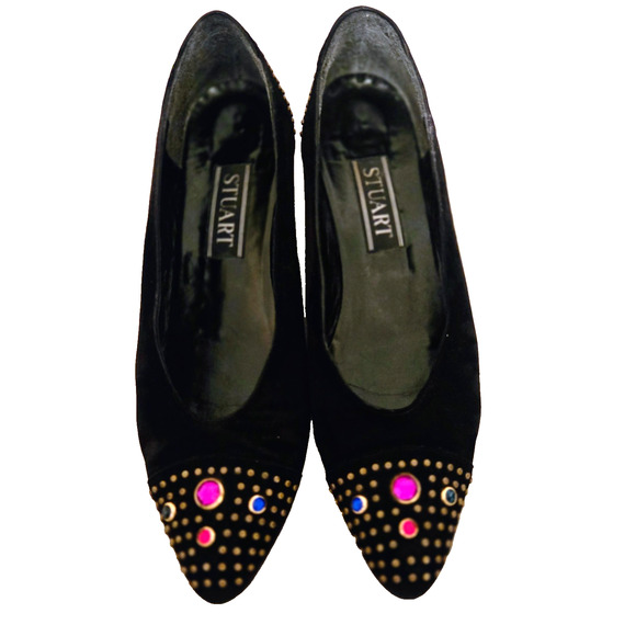 Vintage Stuart Weitzman Pumps 8.5 Black Suede with Crystal studs 80s - Picture 4 of 9